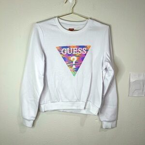 Guess Sequin Logo Sweatshirt Large White Pullover Crewneck